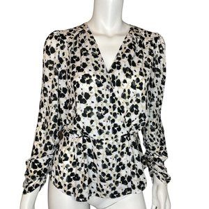 CABI Faux Wrap Peplum 5898 Rosette Leopard Print Ruched Sleeve Wrap Size L